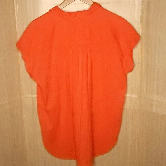 Loft Womens Bright Orange Boxy Gauzy Short Sleeve Button Down XL - Picture 2 of 6